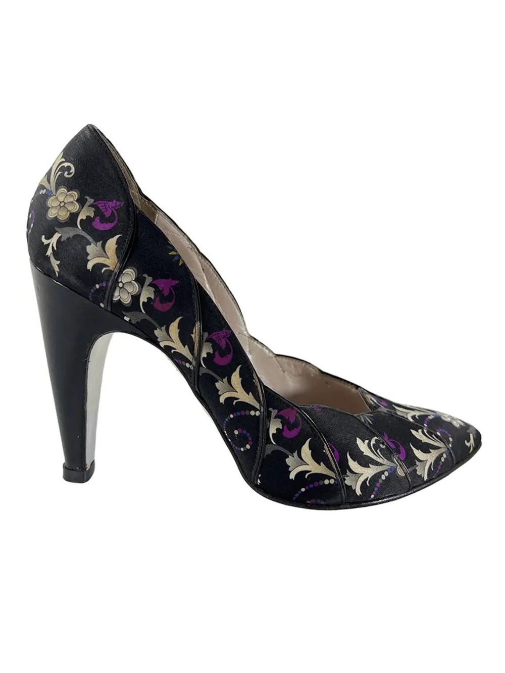 Emilio Pucci Floral Damask Pointed Toe Pumps Black Purple Silver - Size 36